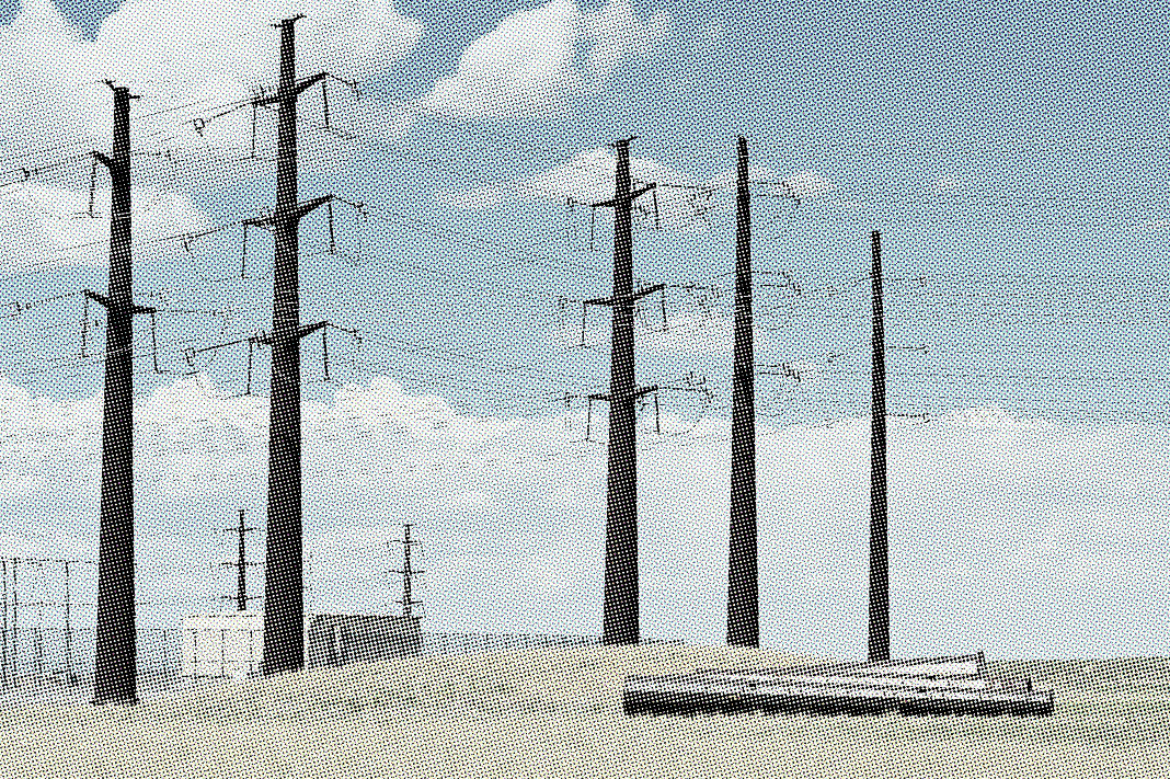 Utility transmission poles against an overcast sky.